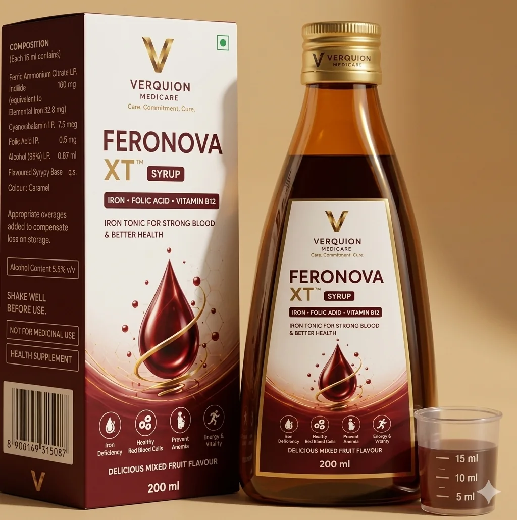 FERONOVA XT syrup carton, bottle, and measuring cup.