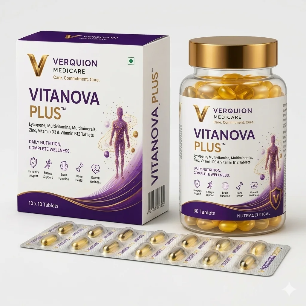 VITANOVA PLUS carton, bottle, and blister strip.
